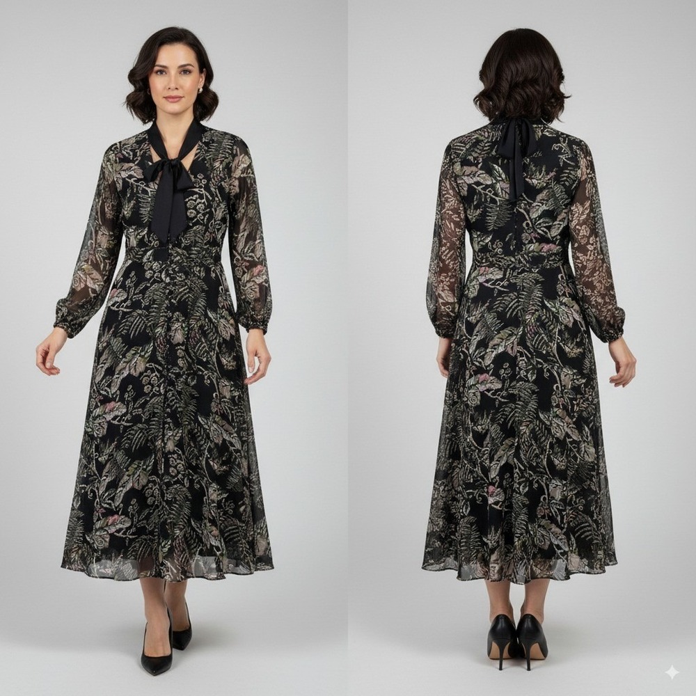 Banana Republic Black Floral Maxi Dress 0P Sheer Lined Whimsigoth Cottagegoth
